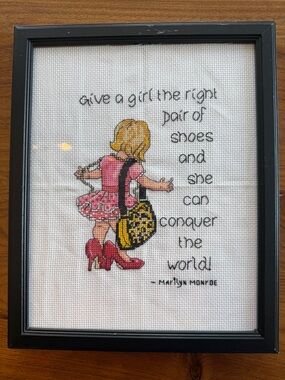 Framed Cross Stitch Marilyn Monroe Art “Give a Girl the Right Shoes” Handmade